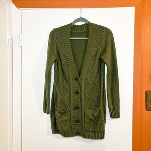 Vintage Olive Green Chunk Cable Knit Cardigan Fisherman Sweater